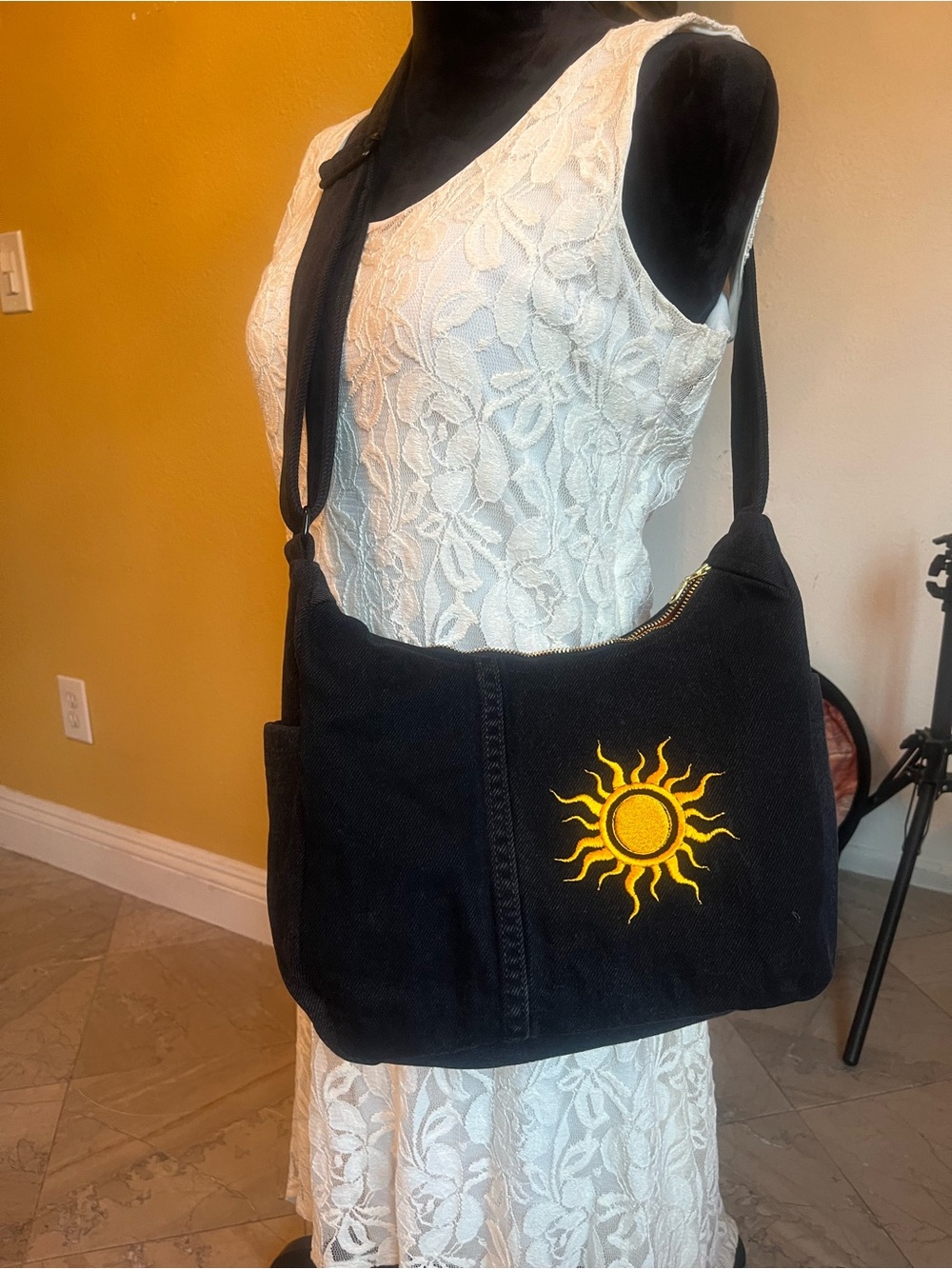 Hand Made Black Denim Purse with Flip Side Sun-Rooster - Hobo Cross Body
